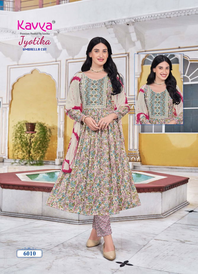 Jyotika Vol 6 By Kavya Capsule Foil Printed Embroidery Kurti With Bottom Dupatta Wholesalers In Mumbai
